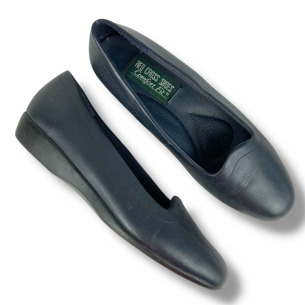 Vintage Red Cross Shoes Ezee Navy Blue Slip-on Leather Pumps Flats Women Sz 7.5
